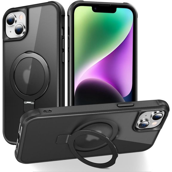 for iPhone 13 Case & iPhone 14 Case with Magnetic O-Ring Stand Translucent Case for iPhone 13 & 14 6.1" [Compatible with MagSafe], Black