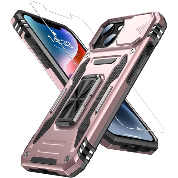 for iPhone 13 Mini Case with Screen Protector,Sliding Camera Cover,-Grade Cover with Stand Phone Case 5.4" Rose Gold