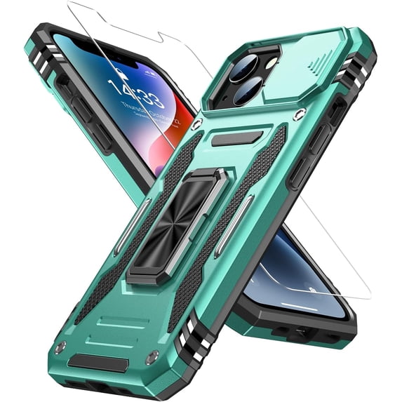 for iPhone 13 Mini Case with Screen Protector,Sliding Camera Cover,-Grade Cover with Stand Phone Case 5.4" Turquoise
