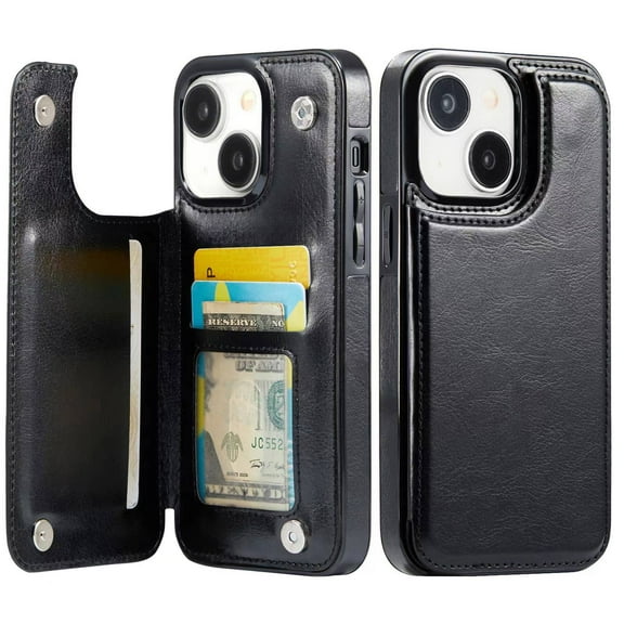 for iPhone 13 Mini Wallet Case with Card Holder, PU Faux Leather Kickstand Card Slots Case, Double Magnetic Clasp and Durable Shockproof Cover