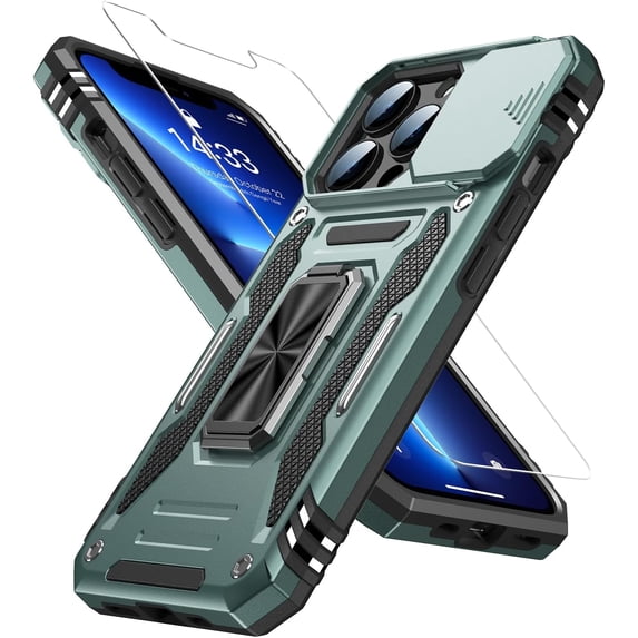 for iPhone 13 Pro Case with Screen Protector,Sliding Camera Cover,-Grade Cover with Stand Phone Case 6.1" Pale Green