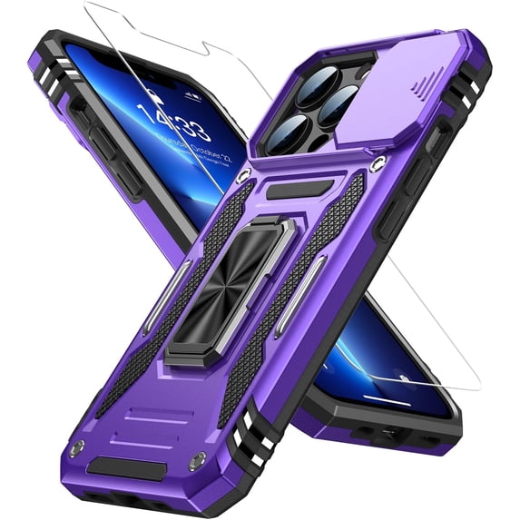 for iPhone 13 Pro Case with Screen Protector,Sliding Camera Cover,-Grade Cover with Stand Phone Case 6.1" Purple
