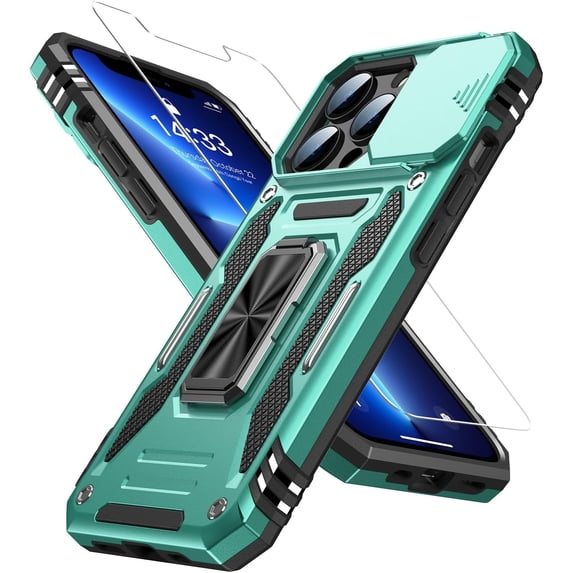 for iPhone 13 Pro Case with Screen Protector,Sliding Camera Cover,-Grade Cover with Stand Phone Case 6.1" Turquoise