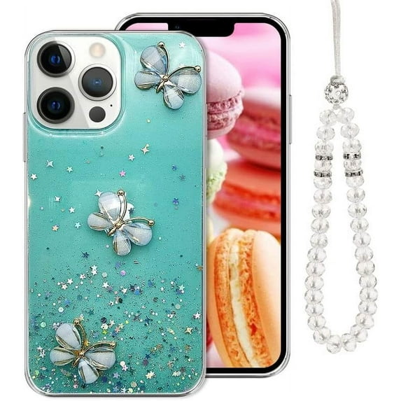 for iPhone 13 Pro Max Bling Glitter Butterfly Case Girls Women Cute Luxury Sparkle Diamond Charm Bracelet Protective Phone Case