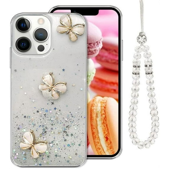 for iPhone 13 Pro Max Bling Glitter Butterfly Case Girls Women Cute Luxury Sparkle Diamond Charm Bracelet Protective Phone Case