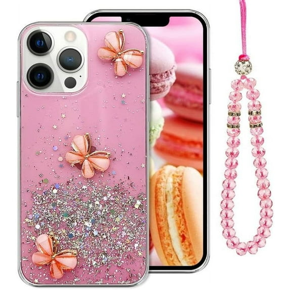 for iPhone 13 Pro Max Bling Glitter Butterfly Case Girls Women Cute Luxury Sparkle Diamond Charm Bracelet Protective Phone Case