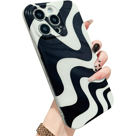 for iPhone 13 Pro Max Case, Cute Pattern Wave IMD Soft Phone Case, Camera Protection Lens Black and White Shockproof Phone Case for Girls Women