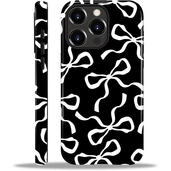 for iPhone 13 Pro Max Case, HL2 Aesthetic White Bow Ribbon Hybrid 2 Layer Hard Shell Silicone Protective Pattern Design Case