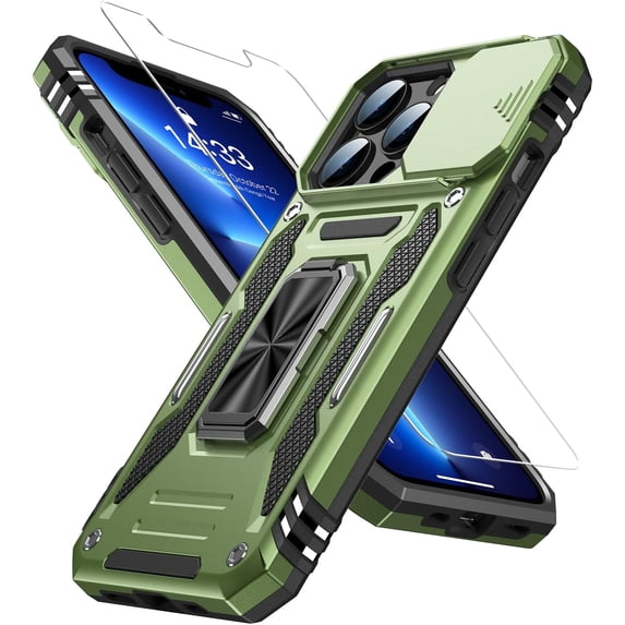 for iPhone 13 Pro Max Case with Screen Protector,Sliding Camera Cover,-Grade Cover with Stand Phone Case 6.7" Olive Green
