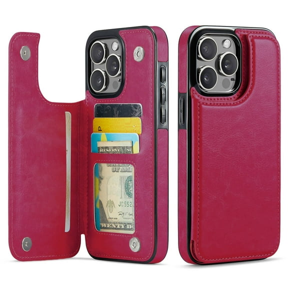 for iPhone 13 Pro Max Wallet Case with Card Holder, PU Faux Leather Kickstand Card Slots Case, Double Magnetic Clasp and Durable Shockproof Cover
