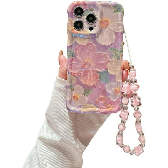 for iPhone 13 Pro Max Wavy Case, [Curly Protection Frame][Vintage Glossy Oil Painting Floral Print] with Lovely Bead Chain for Grils and Women (Pink)