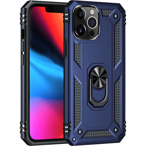 for iPhone 13 Pro Max case, Extreme Protection Military Dual Layer Protective Cover with 360 Degree Swivel Ring Kickstand Blue