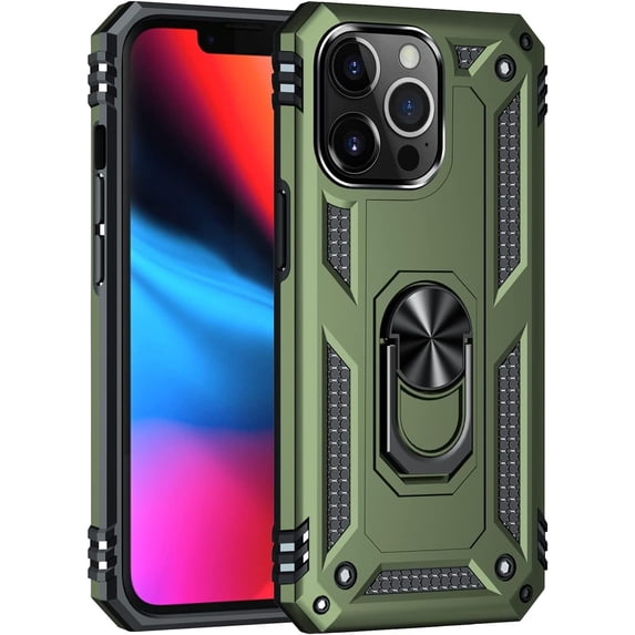 for iPhone 13 Pro Max case, Extreme Protection Military Dual Layer Protective Cover with 360 Degree Swivel Ring Kickstand Olive