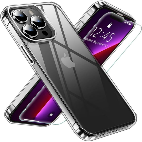 for iPhone 13 Pro Max case[Tempered Screen Protector][Non-Yellowing] Slim Shockproof for iPhone 13 Pro Max Phone case Cover 6.7 Inch-Clear