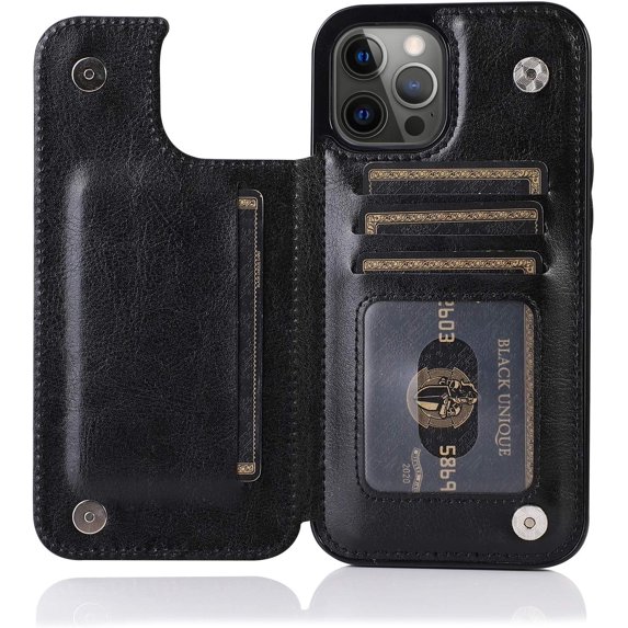 for iPhone 13 Wallet Case with Card Holder,PU Leather Kickstand Card Slots Case Double Magnetic Clasp Durable Shockproof Cover for iPhone 13 Black-SK