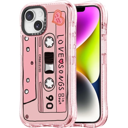 for iPhone 13 / iPhone 14 Case Cute - Military-Grade 20 ft Drop Protection Shockproof Phone Case - Funny Cassette Tape Design (6.1") Glitter Pink