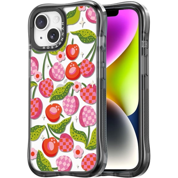 for iPhone 13 / iPhone 14 Case Cute - Military-Grade 20 ft Drop Protection Shockproof Phone Case - Funny Checkered Cherry Design (6.1") Black