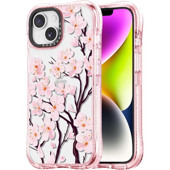 for iPhone 13 / iPhone 14 Case Cute - Military-Grade 20 ft Drop Protection Shockproof Phone Case - Funny Cherry Blossom Design (6.1") Glitter Pink