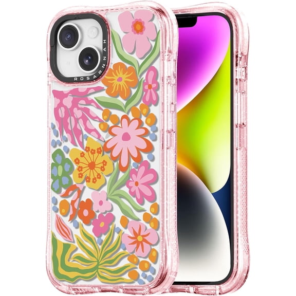 for iPhone 13 / iPhone 14 Case Cute - Military-Grade 20 ft Drop Protection Shockproof Phone Case - Funny Passion Flower Design (6.1") Glitter Pink