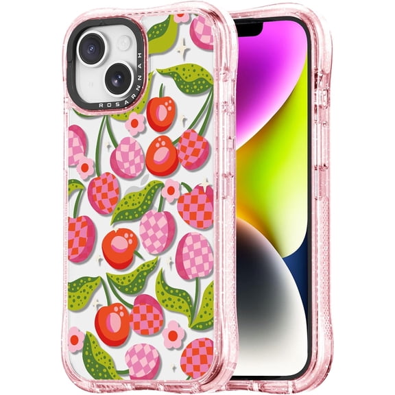 for iPhone 13 / iPhone 14 Case Cute - Military-Grade 20 ft Drop Protection Shockproof Phone Case - Funny Plaid Cherry Design (6.1") Glitter Pink