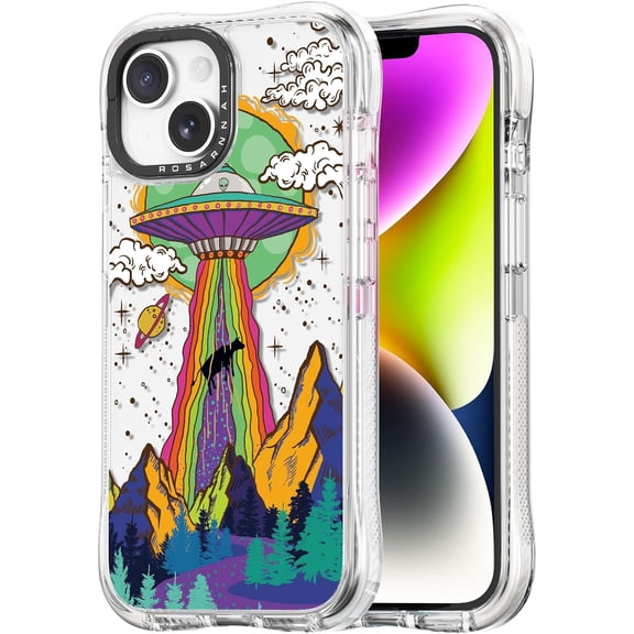 for iPhone 13 / iPhone 14 Case Cute - Military-Grade 20 ft Drop Protection Shockproof Phone Case - Funny UFO Design (6.1") Glitter Clear