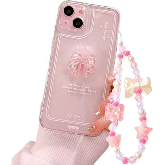 for iPhone 13 pro 3D Pink Bow Female Girly Sparkling Pretty Crystal Cute Girly Phone case Protective case + Bow Chain