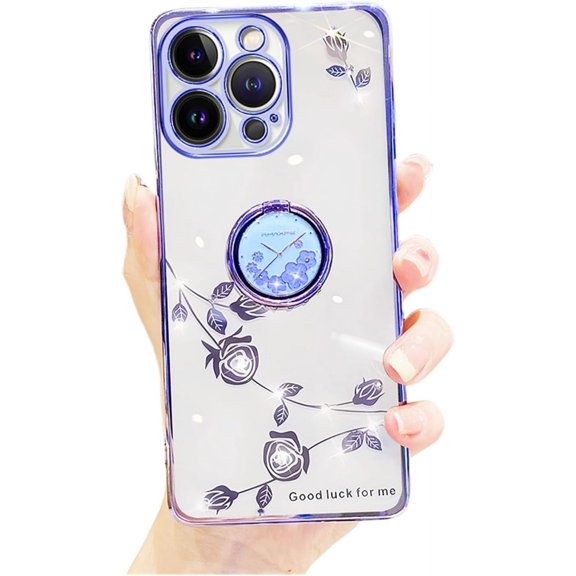 for iPhone 14 13 12 11 Pro Max Plus Stylish Sparkly Rhinestone Silicone Phone Case Finger Ring Holder Exquisite Flower Slim Cover(Blue,13 Pro)