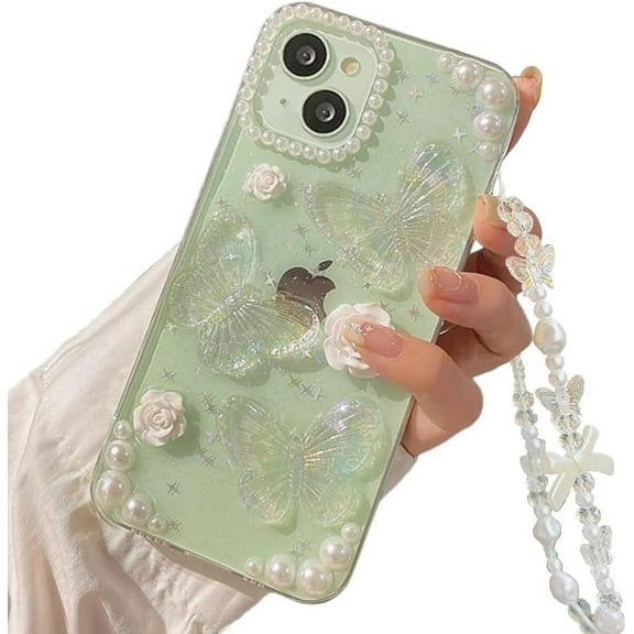 for iPhone 14/13 Case with Phone Charm Chain 3D Butterfly Flower Cute Phone Case,Crystal Clear Pearl Case for iPhone 14/13 Women Girl