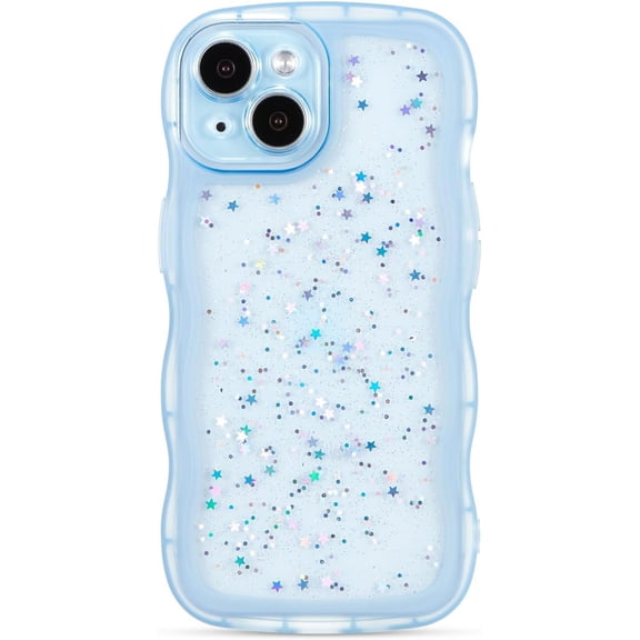 for iPhone 14 Case 6.1",Cute Curly Wave Case with Star Glitter,Clear Shiny Bling Soft TPU Shockproof Phone Protecive Case for Women Girls-Blue