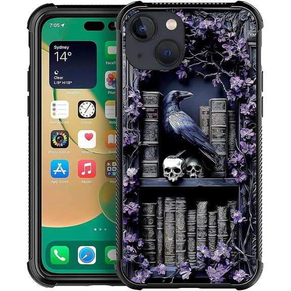 for iPhone 14 Case, Black TPU Rubber Impact-Resistant Anti-Slip Fingerprint-Free Protective Case- Gothic Raven Bookshelf
