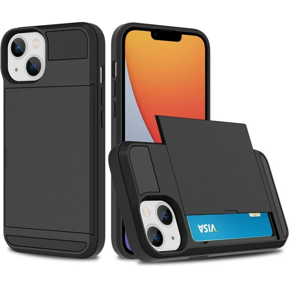 for iPhone 14 Case Card Slot Hard PC Soft TPU Bumper Anti-Scratch Anti-Drop Protective Slim Wallet Card Holder Cover for Women Girls Men-Black