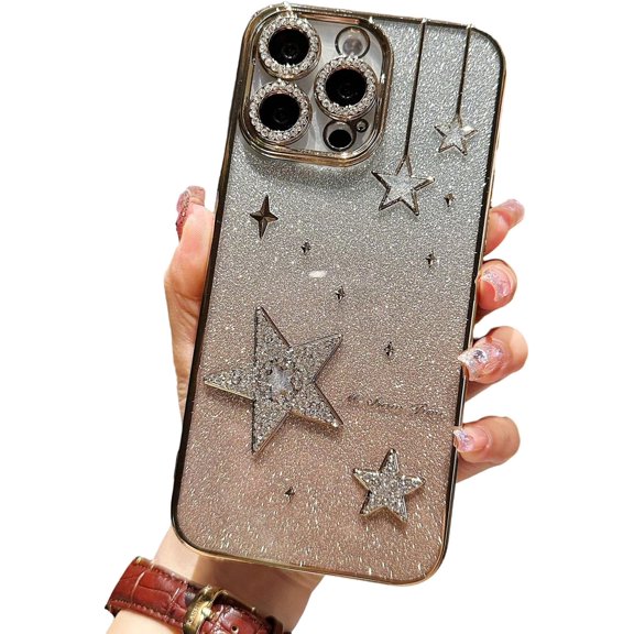 for iPhone 14 Case,Chrome Plating Glitter Bling Diamond Star Phone Case (Gold,14)