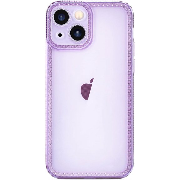 for iPhone 14 Case Cute Clear Bling Crystal Diamond Phone Case, with Sparkle Camera Len Protector Soft TPU Cover Case for Women Girls, Purple