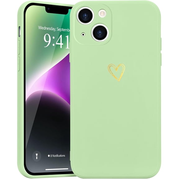 for iPhone 14 Case Cute Heart Pattern Soft Shockproof Protective Silicone Phone Case for Women Girls, Lime Green