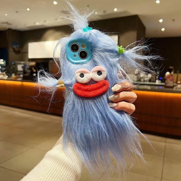 for iPhone 14 Case,Funny and Silly Weird Furry Phone Cases [DIY Long Hair with Hairclip] Ugly Phone Case Swap Challenge Gifts with Friends (Blue)