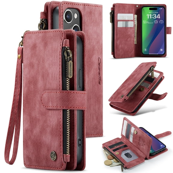 for iPhone 14 Case, Wallet Case with Card Holder Kickstand Magnetic Zipper Pocket Lanyard Strap Wristlet, Leather Flip Case Wallet for iPhone 14, Red