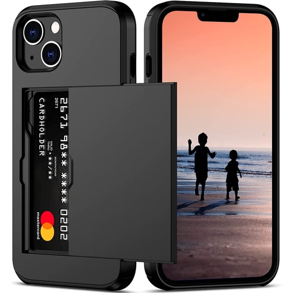 for iPhone 14 Case with Card Holder Heavy Duty Protective Dual Layer Shockproof Hidden Card Slot Slim Wallet Case for iPhone 14 for Women&Men(Black)