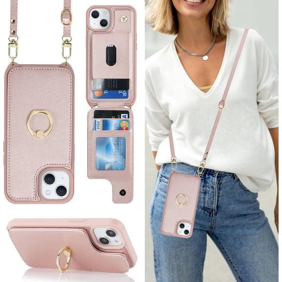 for iPhone 14 Case with Card Holder and Strap for Women,Crossbody Lanyard,Ring Stand,Snap Clasp,Phone Wallet Cases 6.1 inch(Rose Gold)