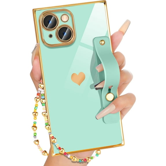 for iPhone 14 Case with Loopy Stand/Strap, Luxury Cute Women Girls Heart Electroplated Designer Squared Edge Phone Cases for 14, Mint Green