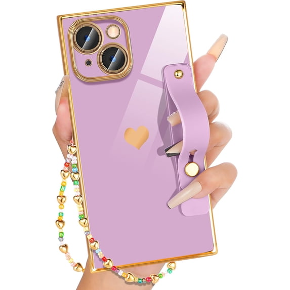 for iPhone 14 Case with Loopy Stand/Strap, Luxury Cute Women Girls Heart Electroplated Designer Squared Edge Phone Cases for 14, Purple