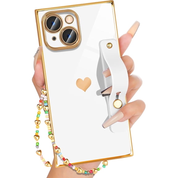 for iPhone 14 Case with Loopy Stand/Strap, Luxury Cute Women Girls Heart Electroplated Designer Squared Edge Phone Cases for 14, White