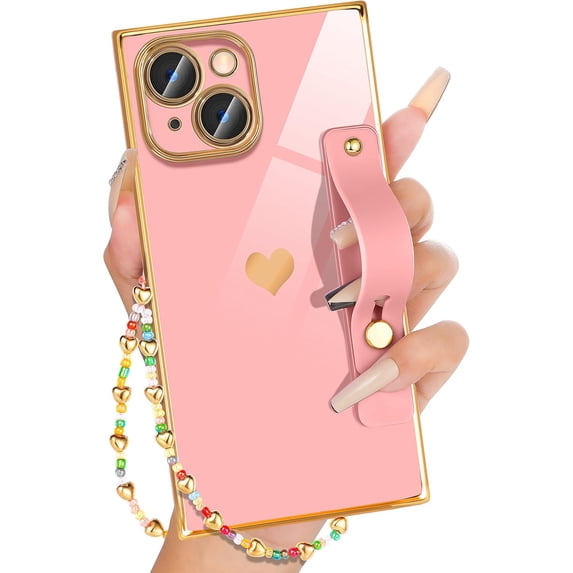 for iPhone 14 Case with Loopy Stand/Strap, Luxury Cute Women Girls Heart Electroplated Designer Squared Edge Phone Cases for 14