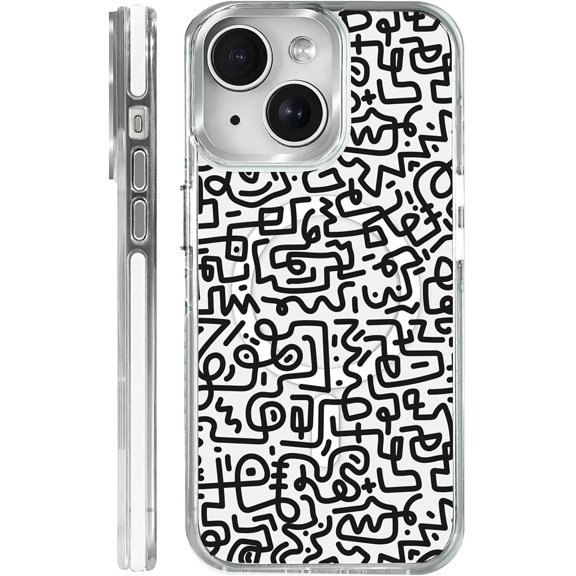for iPhone 14 Compatible with Magsafe Clear White Case Non Slip Screen Lens Protection for Girl Boy Cute Pattern Dynamic Abstract Black Line Drawing