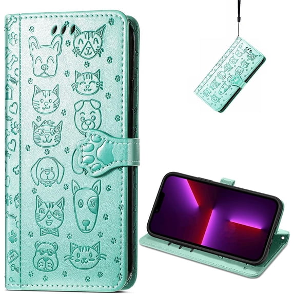 for iPhone 14 PU Leather Flip Wallet Case, Cat Dog Cartoon Cute Style with ID Card Holder Phone Cover Case for Apple iPhone 14 MG Green