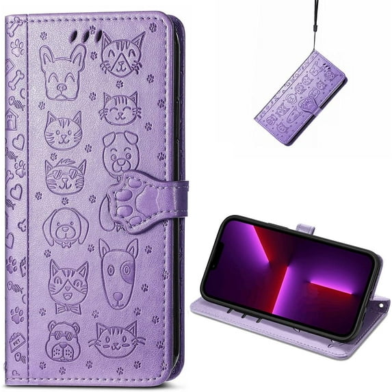 for iPhone 14 PU Leather Flip Wallet Case, Cat Dog Cartoon Cute Style with ID Card Holder Phone Cover Case for Apple iPhone 14 MG Purple