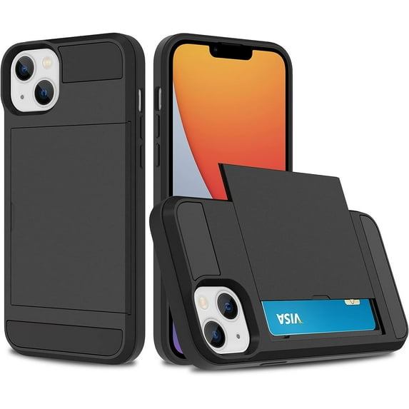 for iPhone 14 Plus Case Card Slot Hard PC Soft TPU Bumper Anti-Scratch Anti-Drop Protective Slim Wallet Card Holder Cover for Women Girls Men-Black