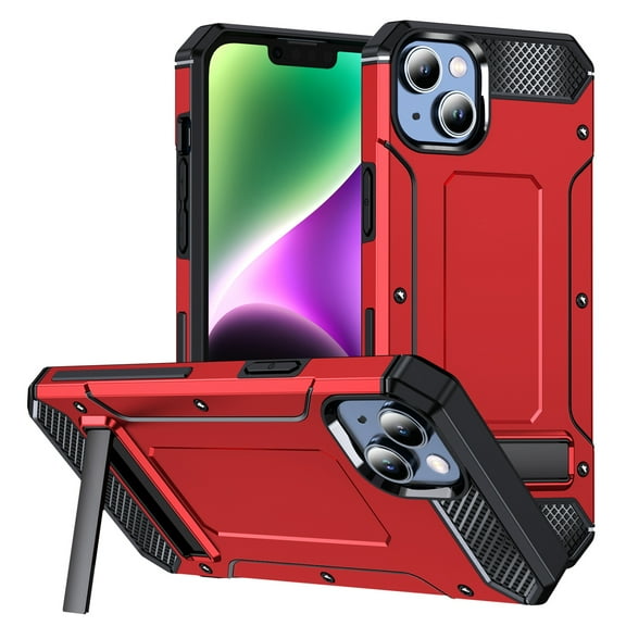 for iPhone 14 Plus Case with Build-in Kickstand, Heavy Duty Protection Shockproof Anti-Scratch Rugged Protective Durable Case Hard Cover,Red