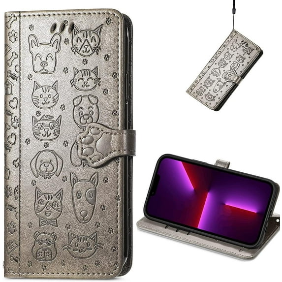 for iPhone 14 Plus PU Leather Flip Wallet Case, Cat Dog Cartoon Cute Style with ID Card Holder Phone Cover Case for Apple iPhone 14 Plus MG Grey