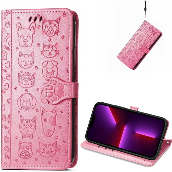 for iPhone 14 Plus PU Leather Flip Wallet Case, Cat Dog Cartoon Cute Style with ID Card Holder Phone Cover Case for Apple iPhone 14 Plus MG Pink