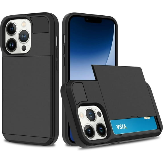 for iPhone 14 Pro Case Card Slot Hard PC Soft TPU Bumper Anti-Scratch Anti-Drop Protective Slim Wallet Card Holder Cover for Women Girls Men-Black